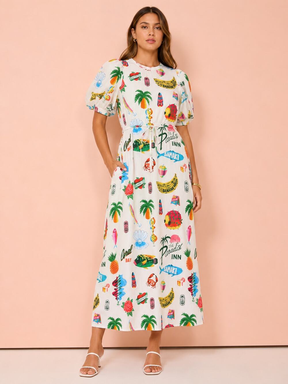 Sunday Up Paradise Printed Puff Sleeve Midi Dress Beige Multi Size Medium